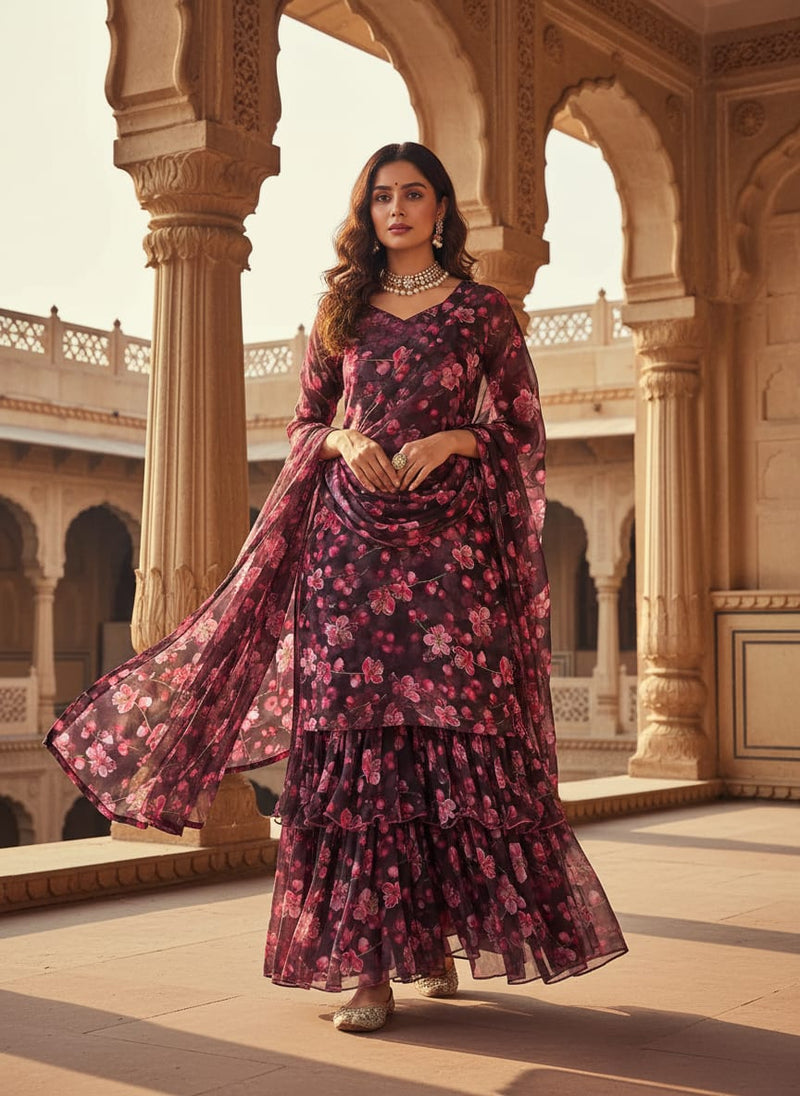 Black Pink Cherry Blossom Floral Weightless Digital Printed Fabric