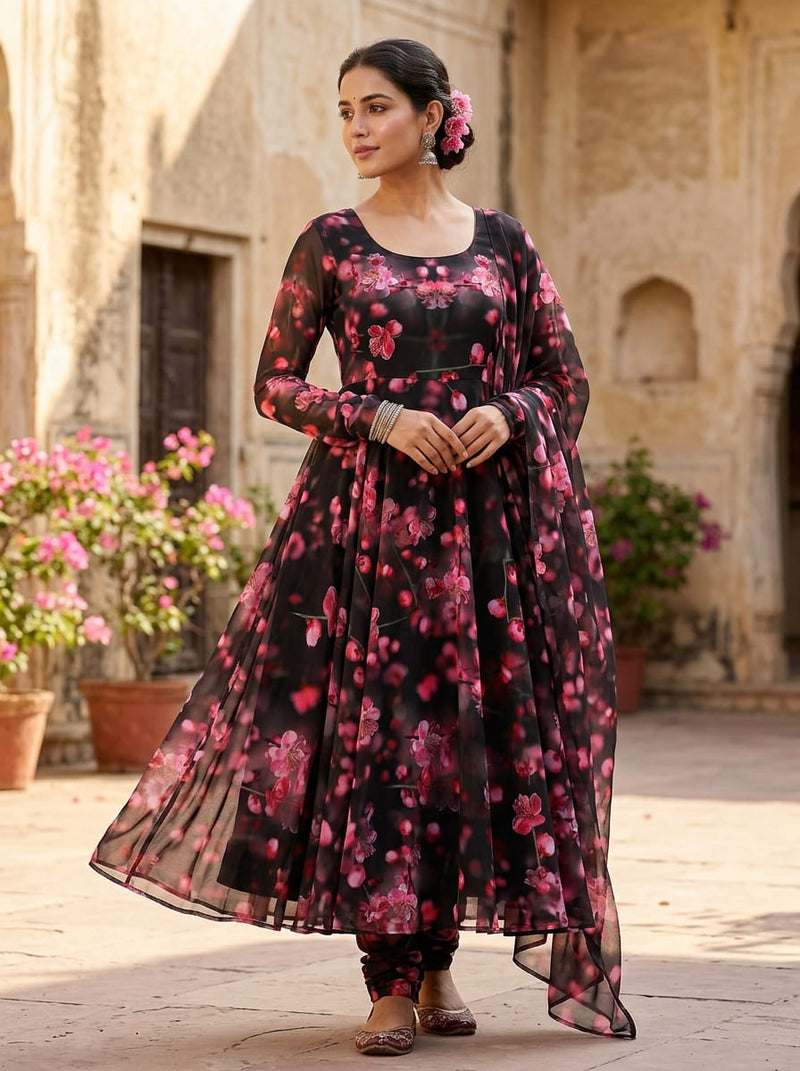Black Blossom Branch Floral Pure Georgette Digital Printed Fabric