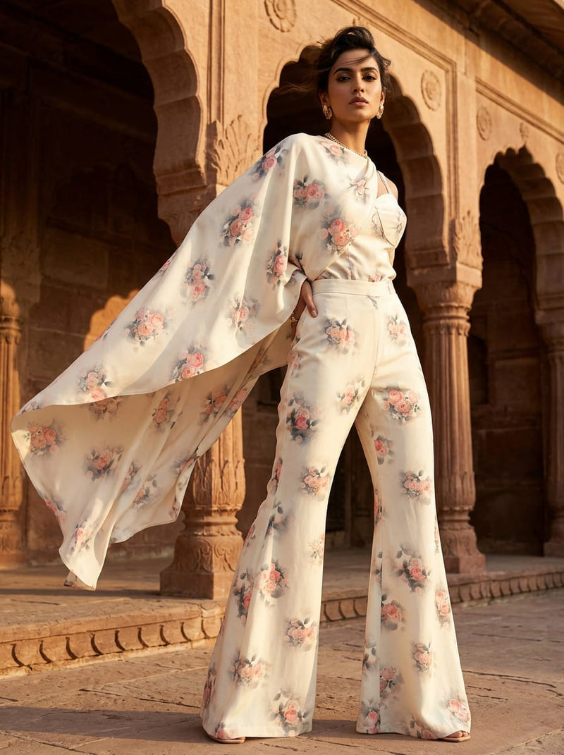 Cream Soft Watercolor Rose Floral Silk Crepe Digital Printed Fabric
