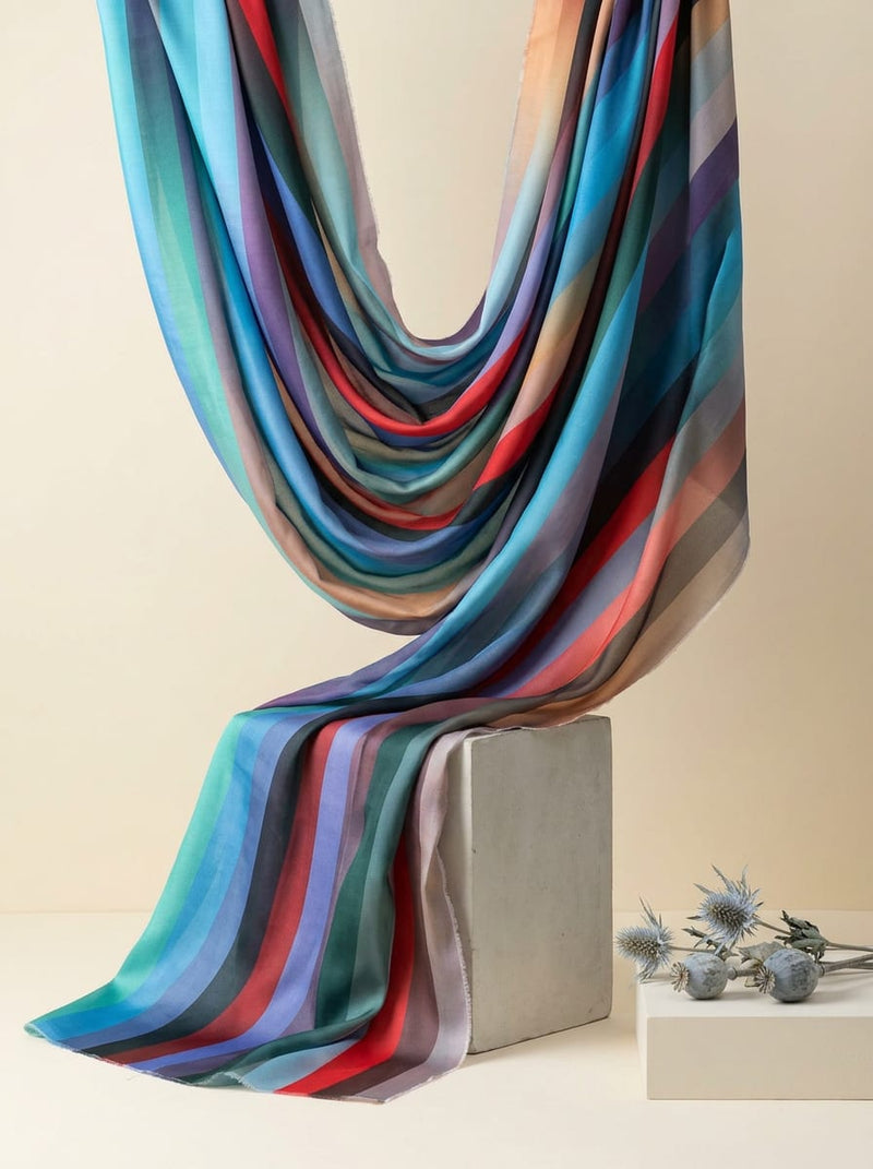 Multicolor Colorful Vertical Stripes Kora Silk Digital Printed Fabric