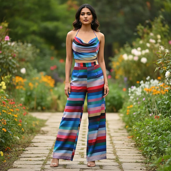 Rainbow Blurry Serpentine Strips Digital Printed Fabric - Crepe - alternate view
