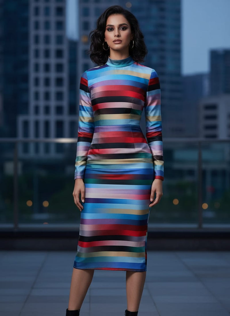 Rainbow Blurry Serpentine Strips Digital Printed Fabric - Crepe