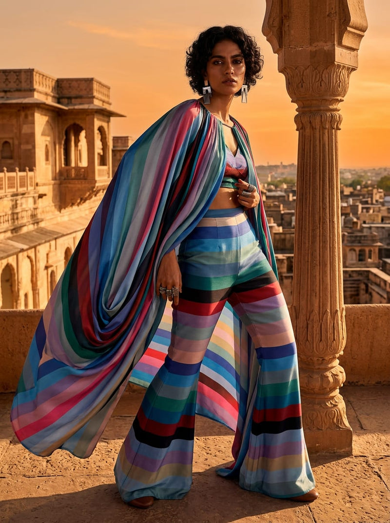 Multicolor Abstract Colorful Stripes Silk Crepe Digital Printed Fabric