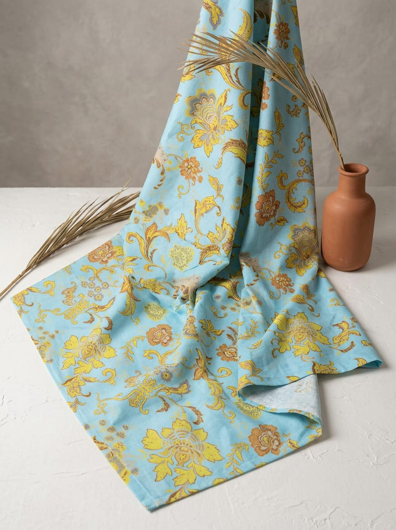 Blue Ethnic Damask Floral Pure Cotton Digital Printed Fabric