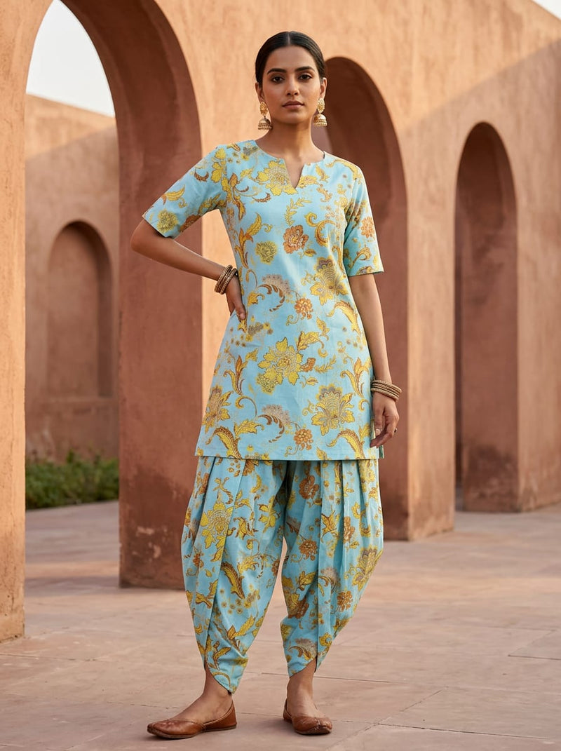 Blue Ethnic Damask Floral Pure Cotton Digital Printed Fabric