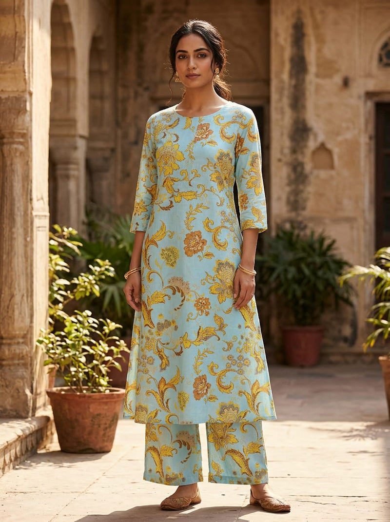Blue Ethnic Damask Floral Pure Cotton Digital Printed Fabric