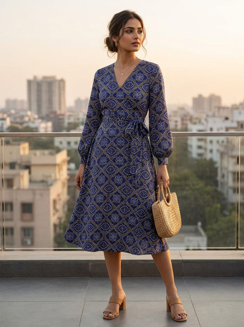 Navy Ethnic Bandhani Print Weightless Digital Printed Fabric