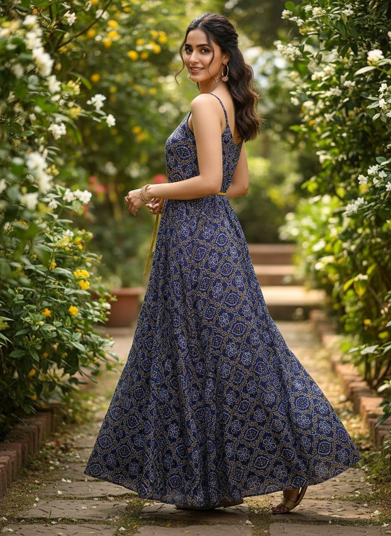 Navy Ethnic Bandhani Print Weightless Digital Printed Fabric