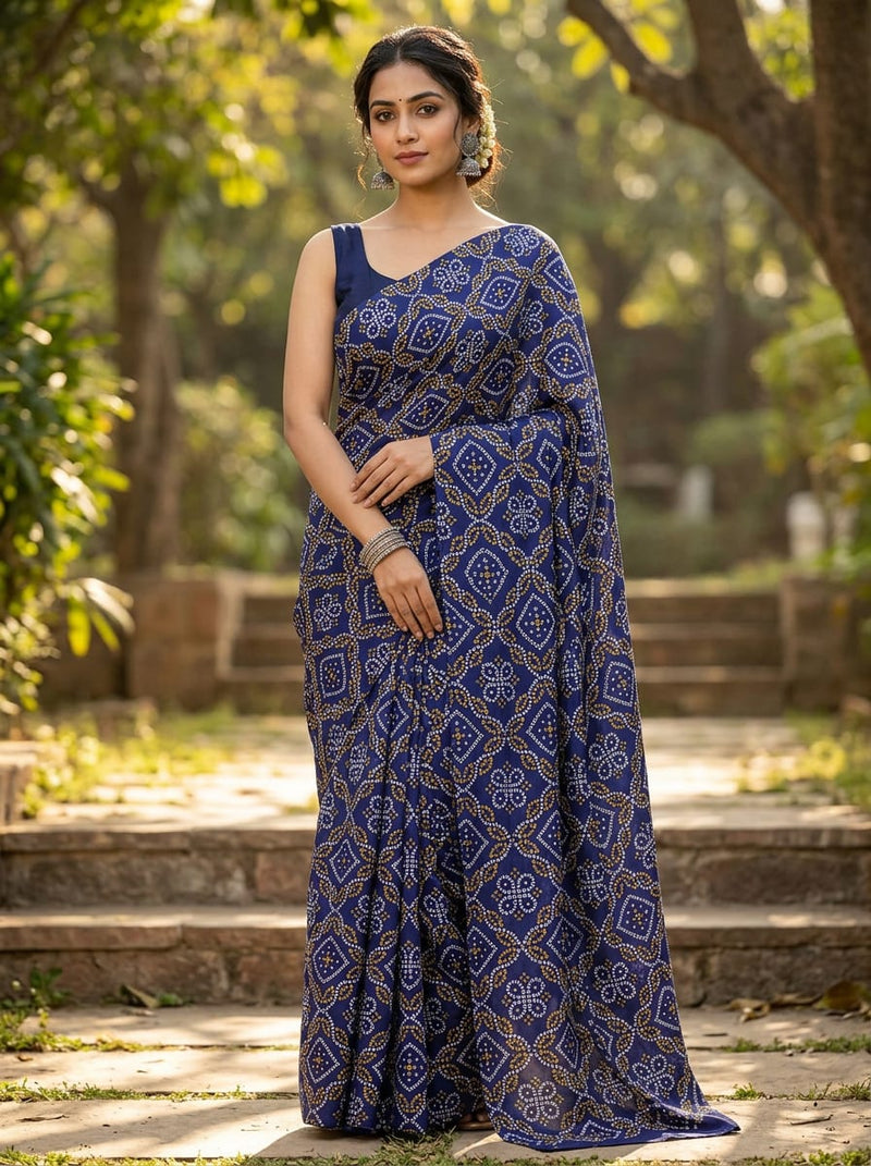 Navy Ethnic Bandhani Geometric Silk Crepe Digital Printed Fabric