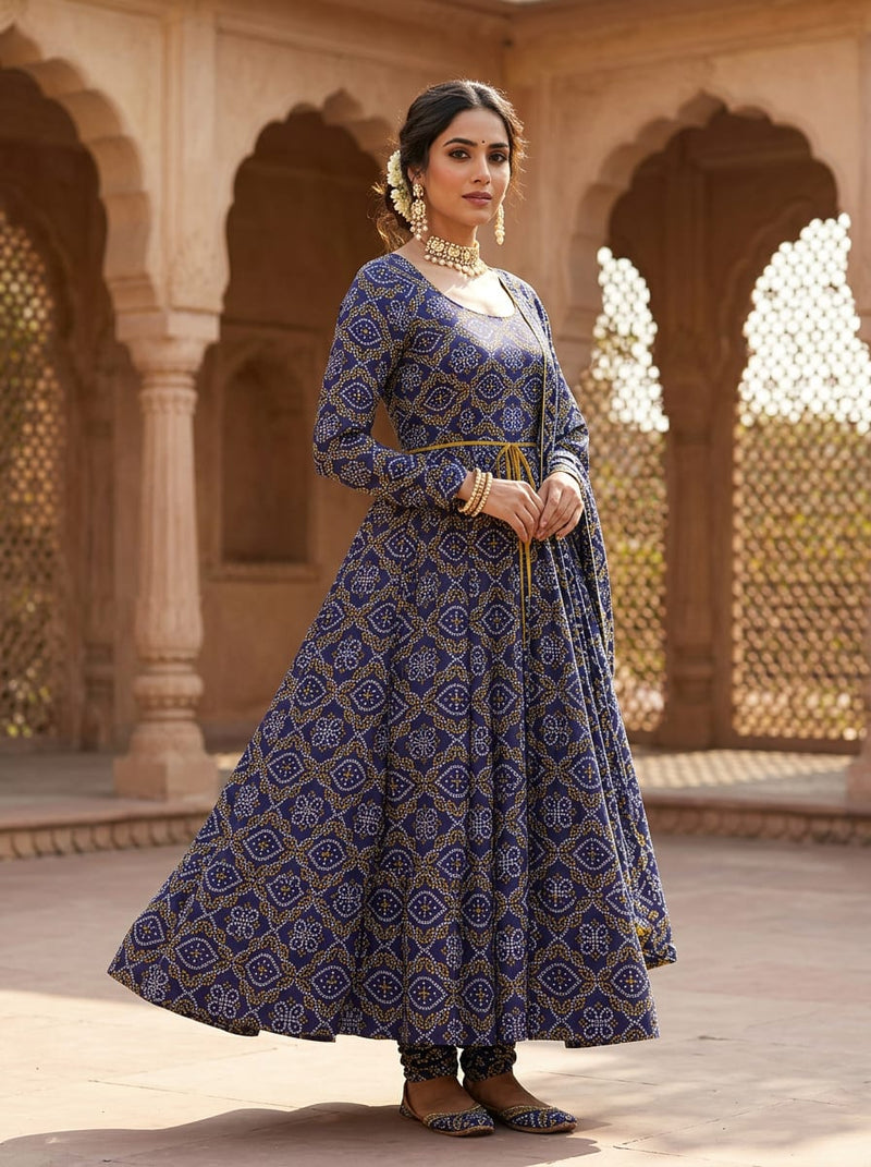 Navy Ethnic Bandhani Geometric Silk Crepe Digital Printed Fabric