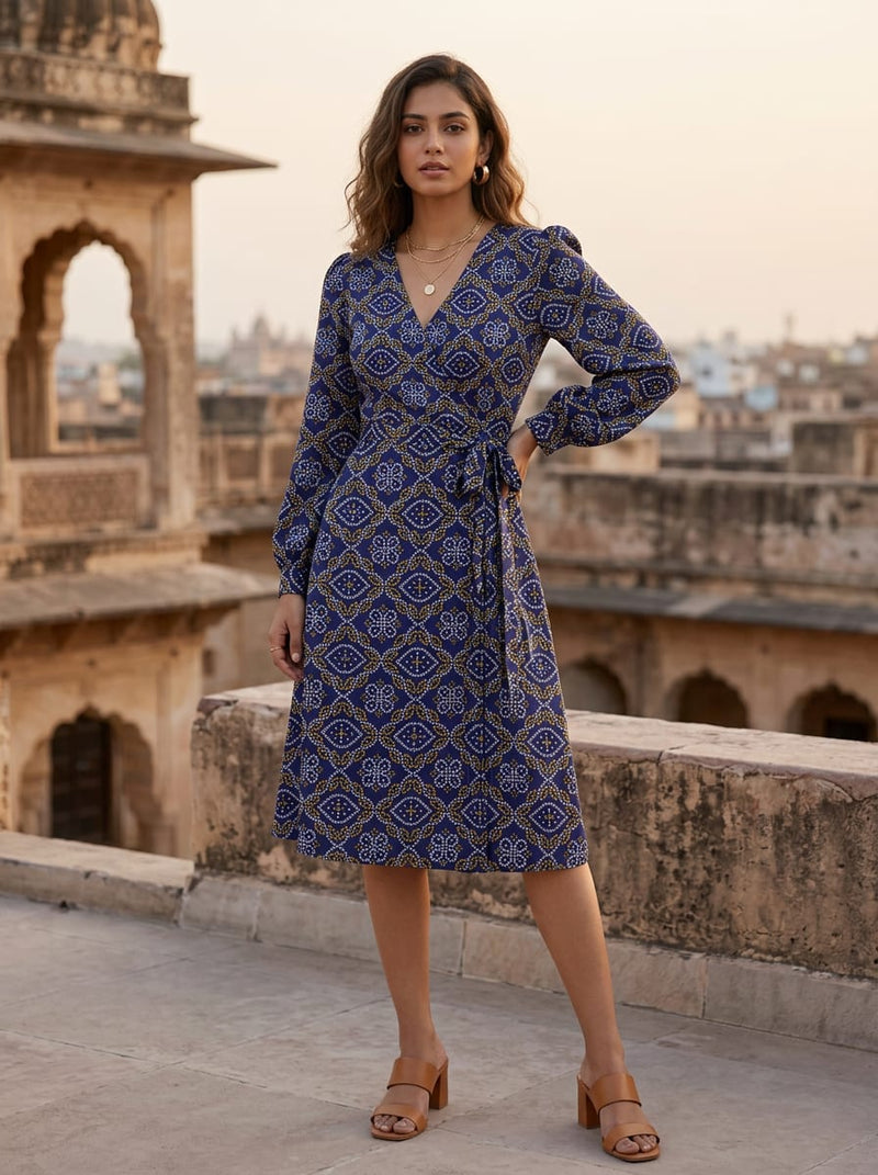 Navy Ethnic Bandhani Geometric Silk Crepe Digital Printed Fabric