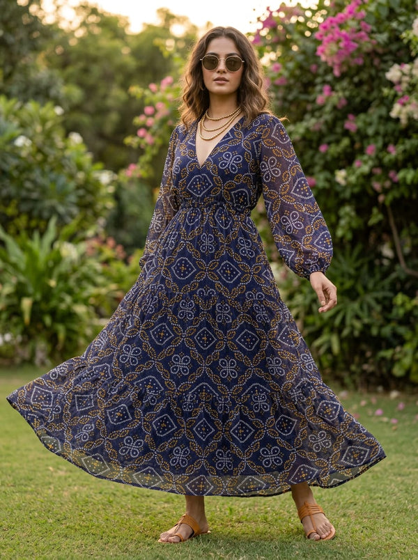Navy Ethnic Bandhani Pure Georgette Digital Printed Fabric - Flowy Maxi Dress Lookbook - PG-0-TA08713P2-110 - alternate view