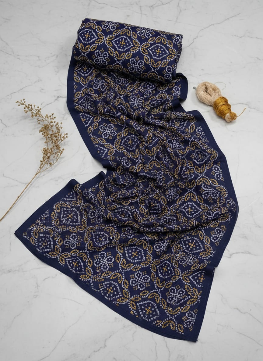 Navy Ethnic Bandhani Geometric Pattern Pure Chinon Digital Printed Fabric