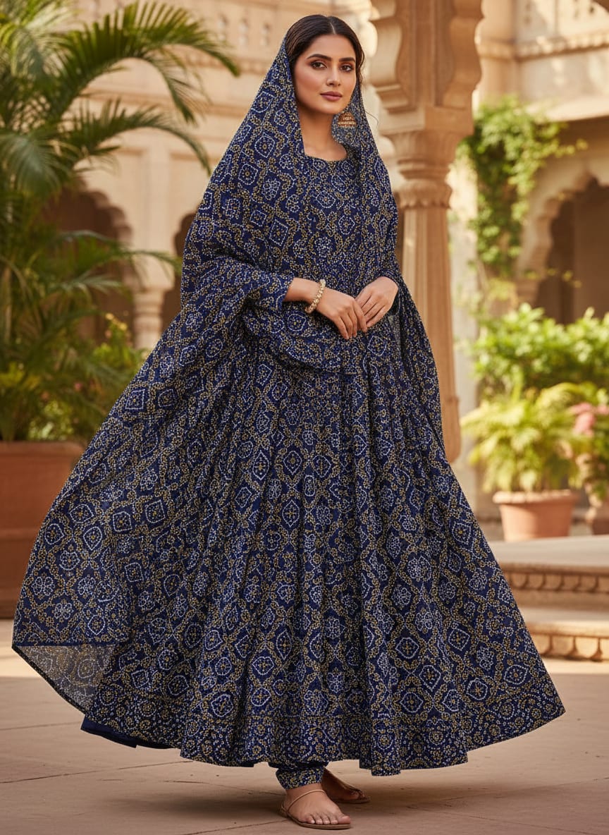 Navy Ethnic Bandhani Geometric Pattern Pure Chinon Digital Printed Fabric