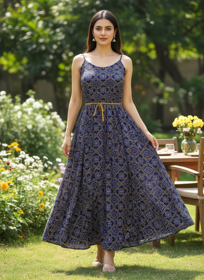 Navy Ethnic Bandhani Geometric Pattern Pure Chinon Digital Printed Fabric