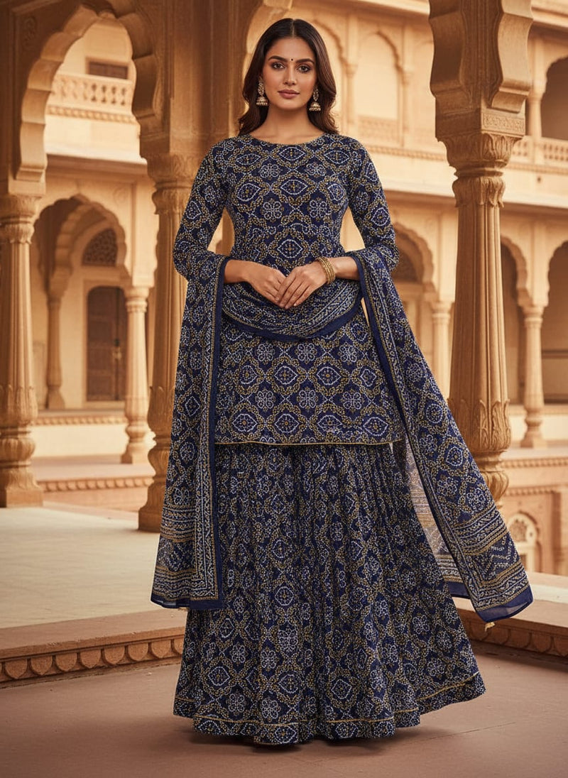 Navy Ethnic Bandhani Geometric Pattern Pure Chinon Digital Printed Fabric