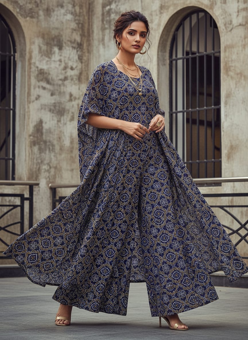 Navy Ethnic Bandhani Geometric Pattern Pure Chinon Digital Printed Fabric