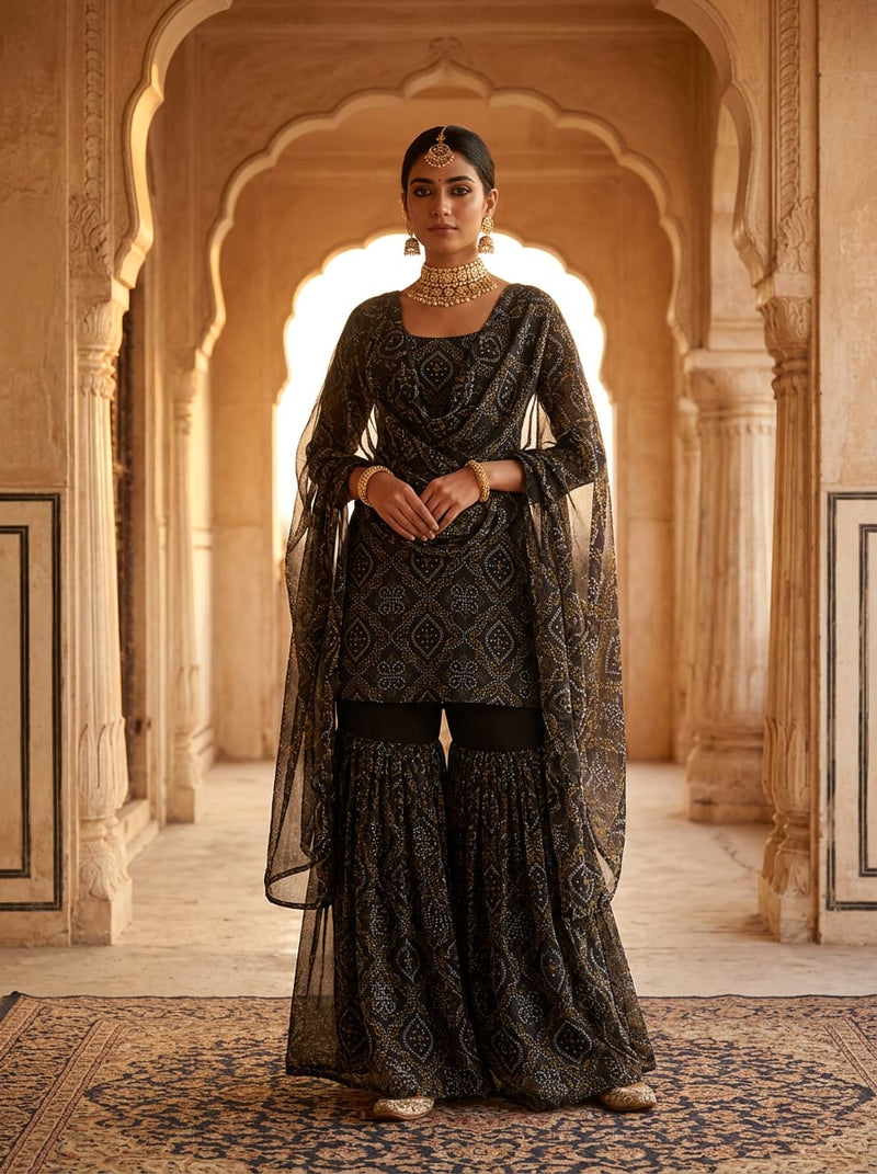 Black Ethnic Bandhani Print Pure Chiffon Digital Printed Fabric
