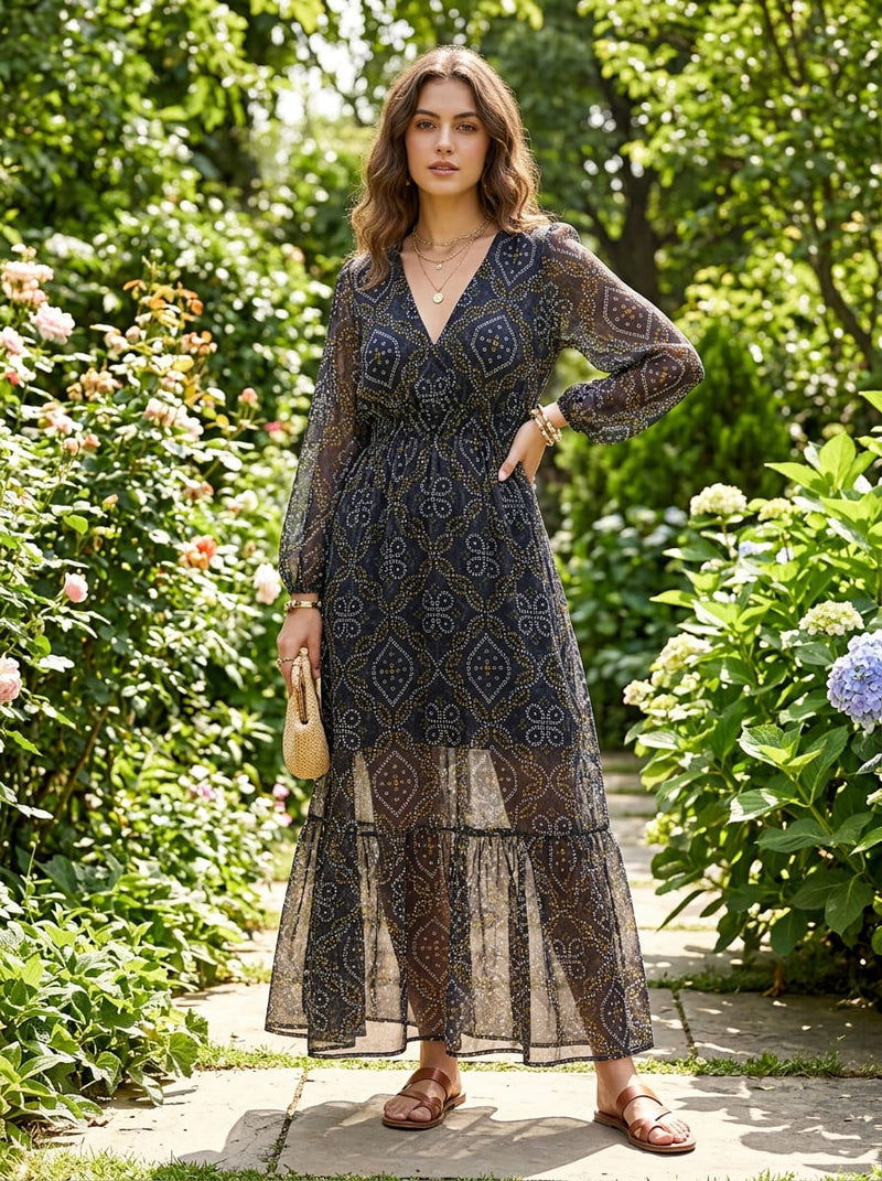 Black Ethnic Bandhani Print Pure Chiffon Digital Printed Fabric