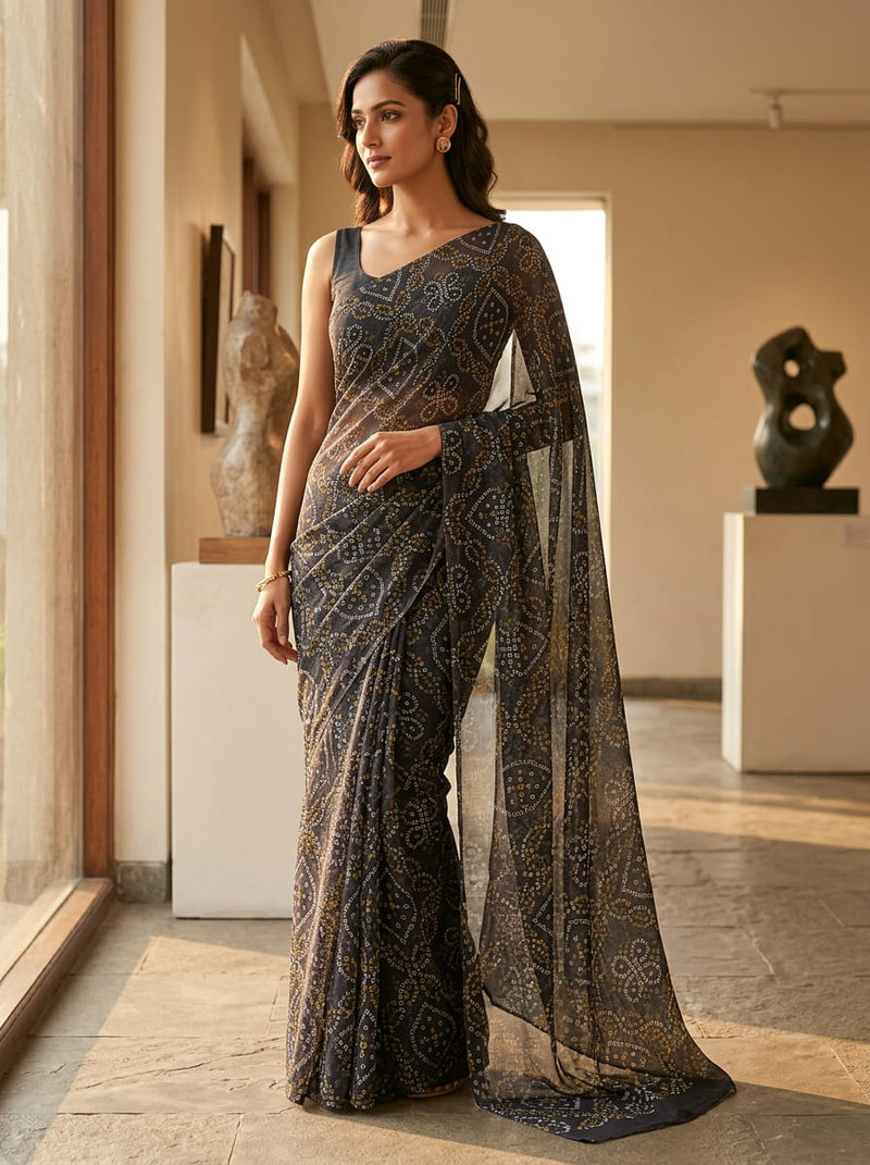 Black Ethnic Bandhani Print Pure Chiffon Digital Printed Fabric