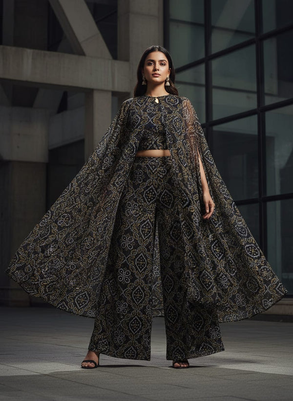 Tiny Yellow And White Doted Digital Printed Fabric - Pure Chiffon - Cape with Palazzo Lookbook - PCH-0-TA08713P2-96 - alternate view