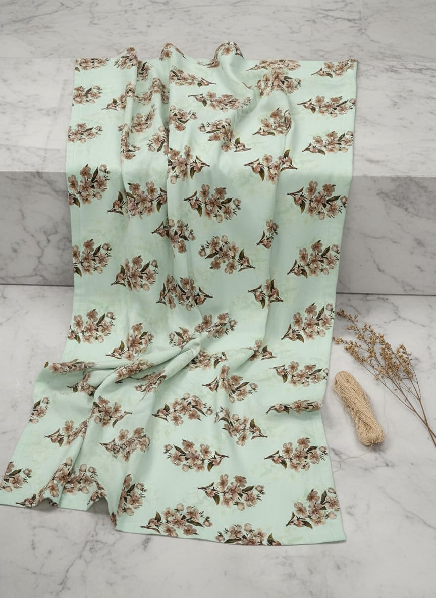 Green Delicate Sakura Blossom Floral Silk Crepe Digital Printed Fabric