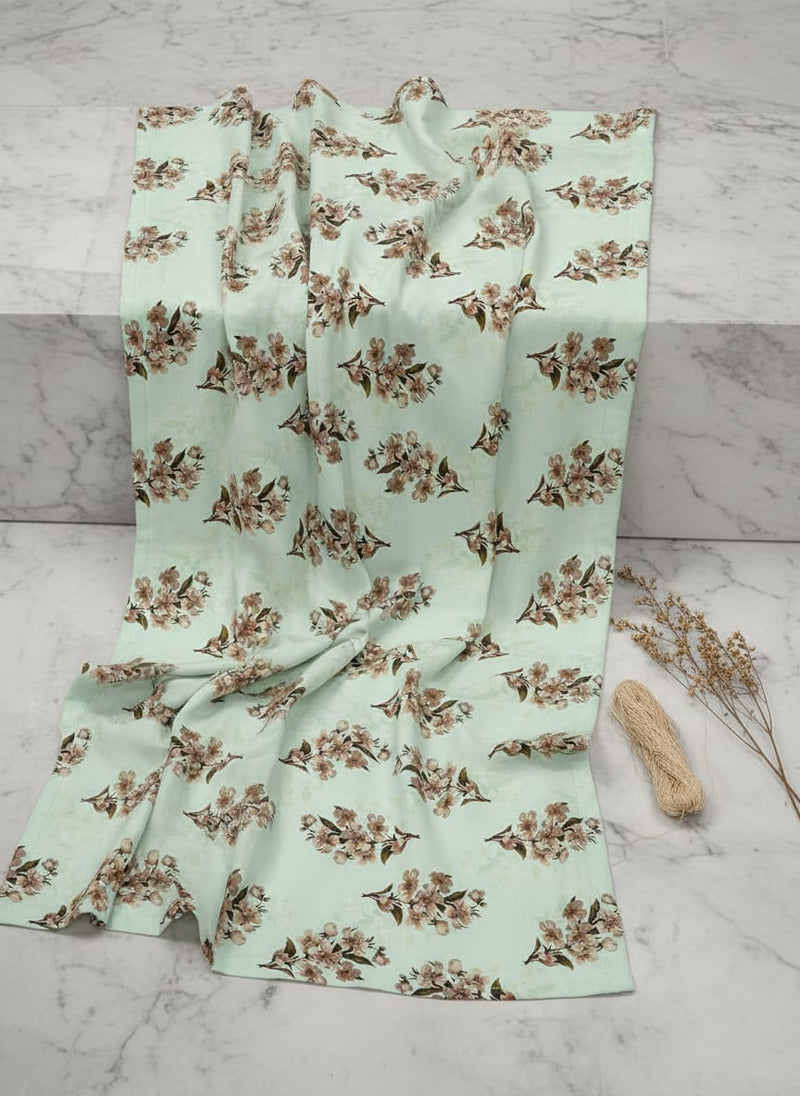 Green Delicate Sakura Blossom Floral Silk Crepe Digital Printed Fabric