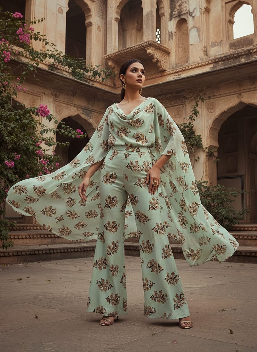 Green Delicate Sakura Blossom Floral Silk Crepe Digital Printed Fabric