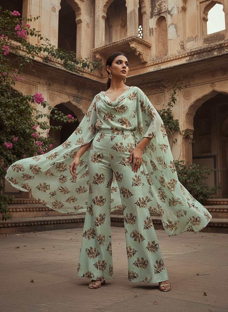 Green Delicate Sakura Blossom Floral Silk Crepe Digital Printed Fabric