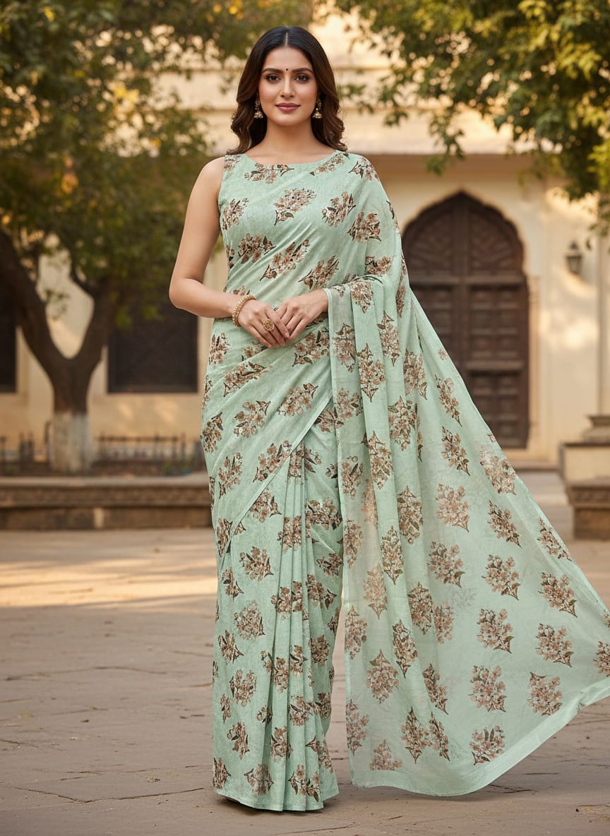 Green Delicate Sakura Blossom Floral Silk Crepe Digital Printed Fabric