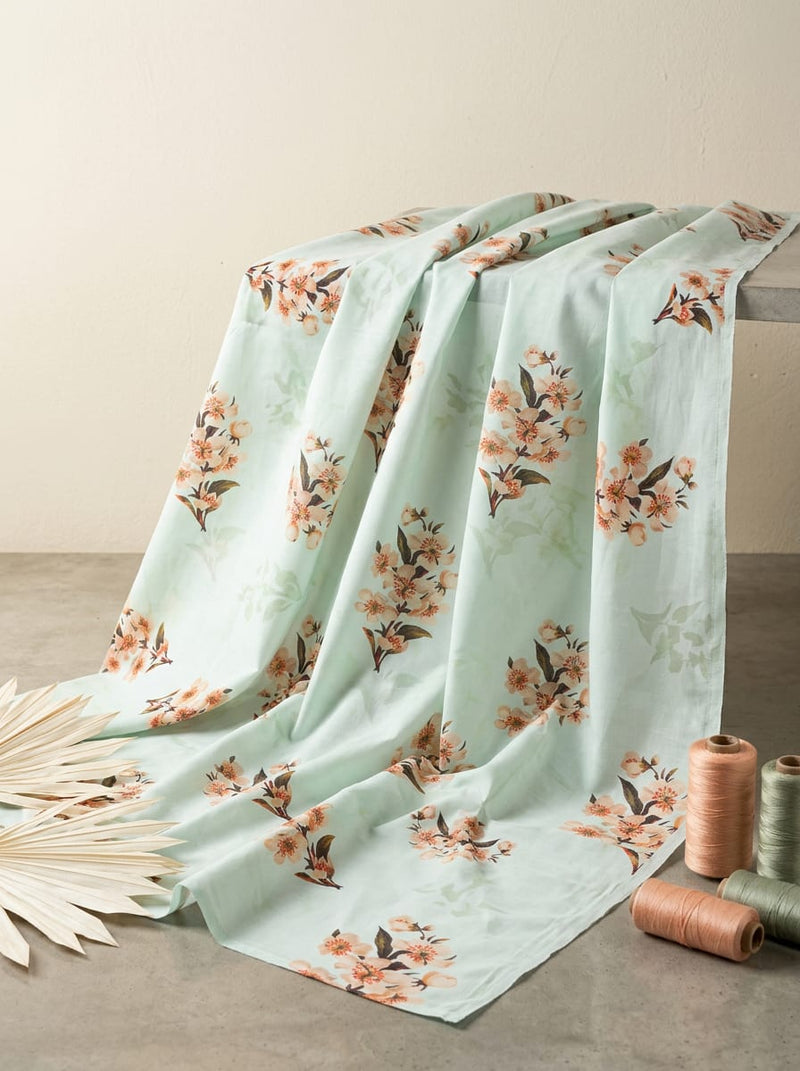 Blue Peach Blossom Floral Pure Cotton Digital Printed Fabric