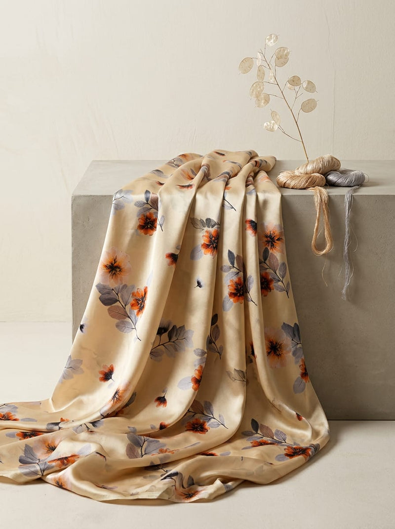 Cream Botanical Floral Japan Satin Digital Printed Fabric