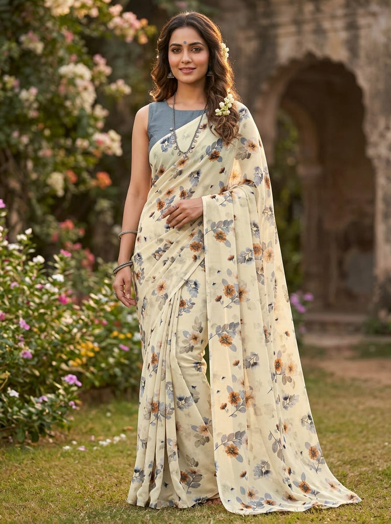 Cream Dainty Watercolour Floral Weightless Digital Printed Fabric