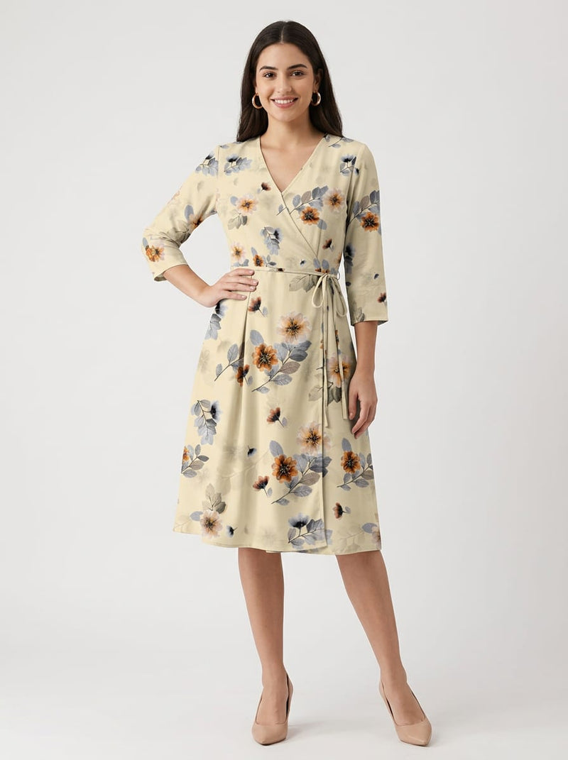 Cream Dainty Botanical Floral Silk Crepe Digital Printed Fabric
