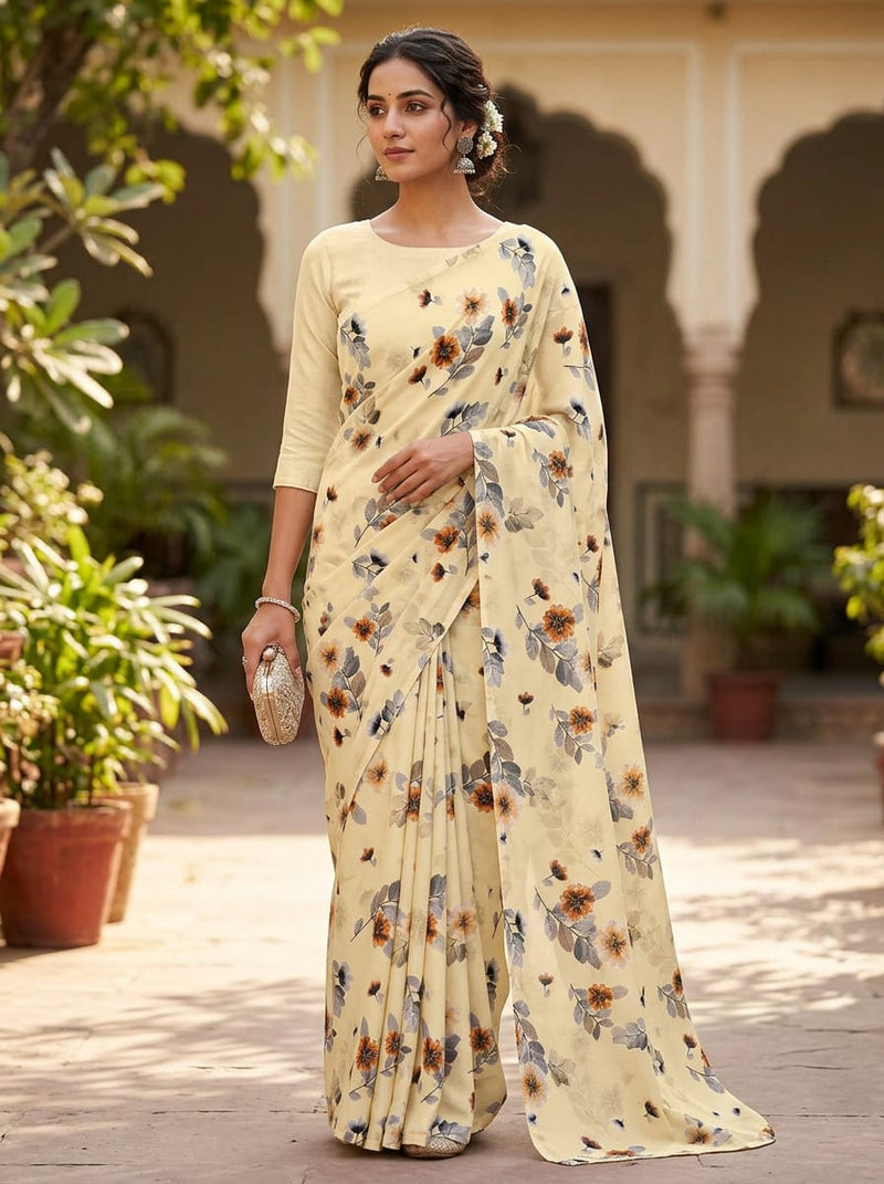 Cream Dainty Botanical Floral Silk Crepe Digital Printed Fabric
