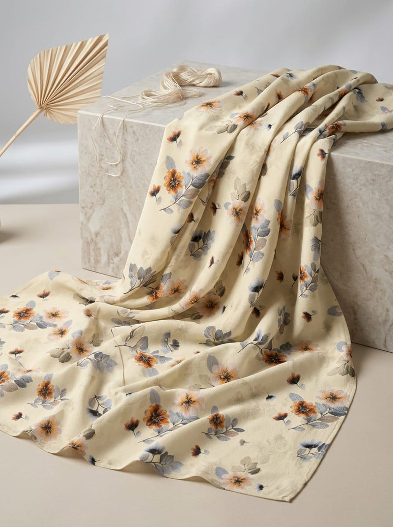 Cream Dainty Botanical Floral Silk Crepe Digital Printed Fabric