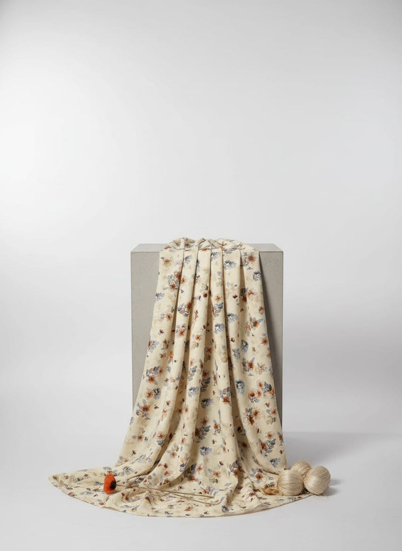 Cream Scattered Botanical Floral Pure Cotton Digital Printed Fabric