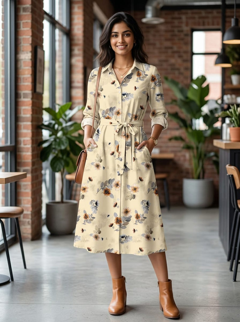 Cream Scattered Botanical Floral Pure Cotton Digital Printed Fabric