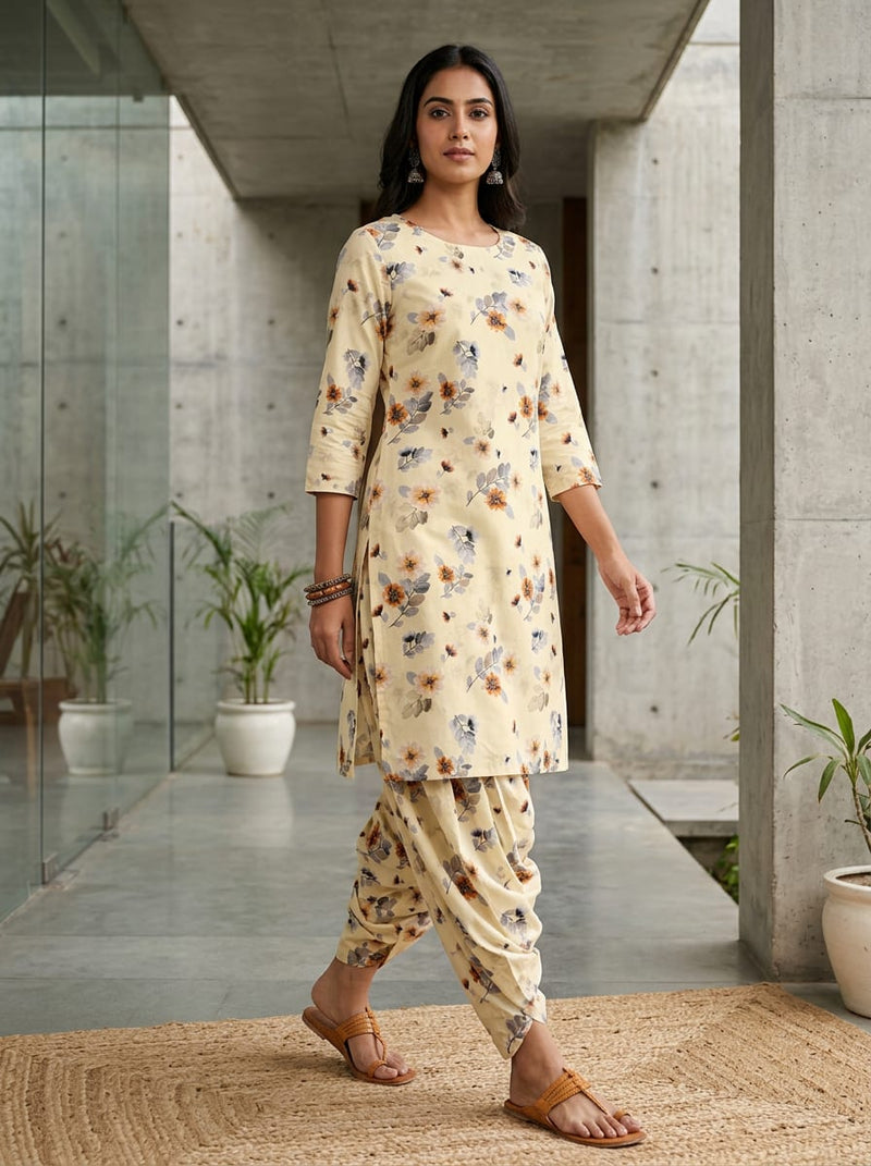Cream Scattered Botanical Floral Pure Cotton Digital Printed Fabric