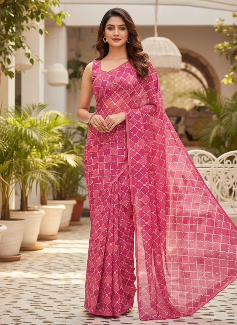 Pink Quatrefoil Patterns Digital Printed Fabric - Pure Georgette