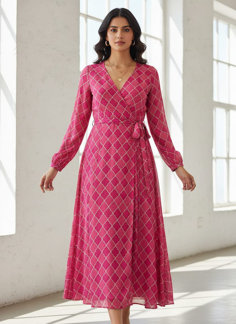 Pink Quatrefoil Patterns Digital Printed Fabric - Pure Georgette