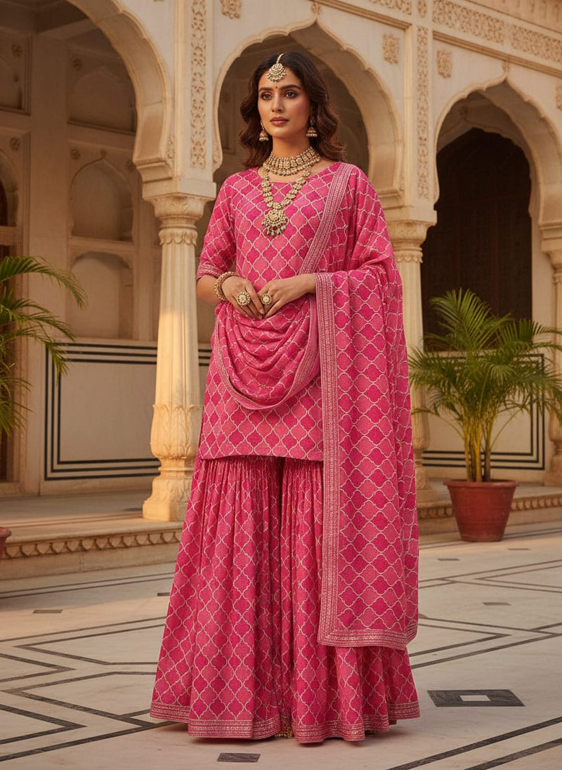 Pink Moroccan Trellis Geometric Pure Georgette Digital Printed Fabric