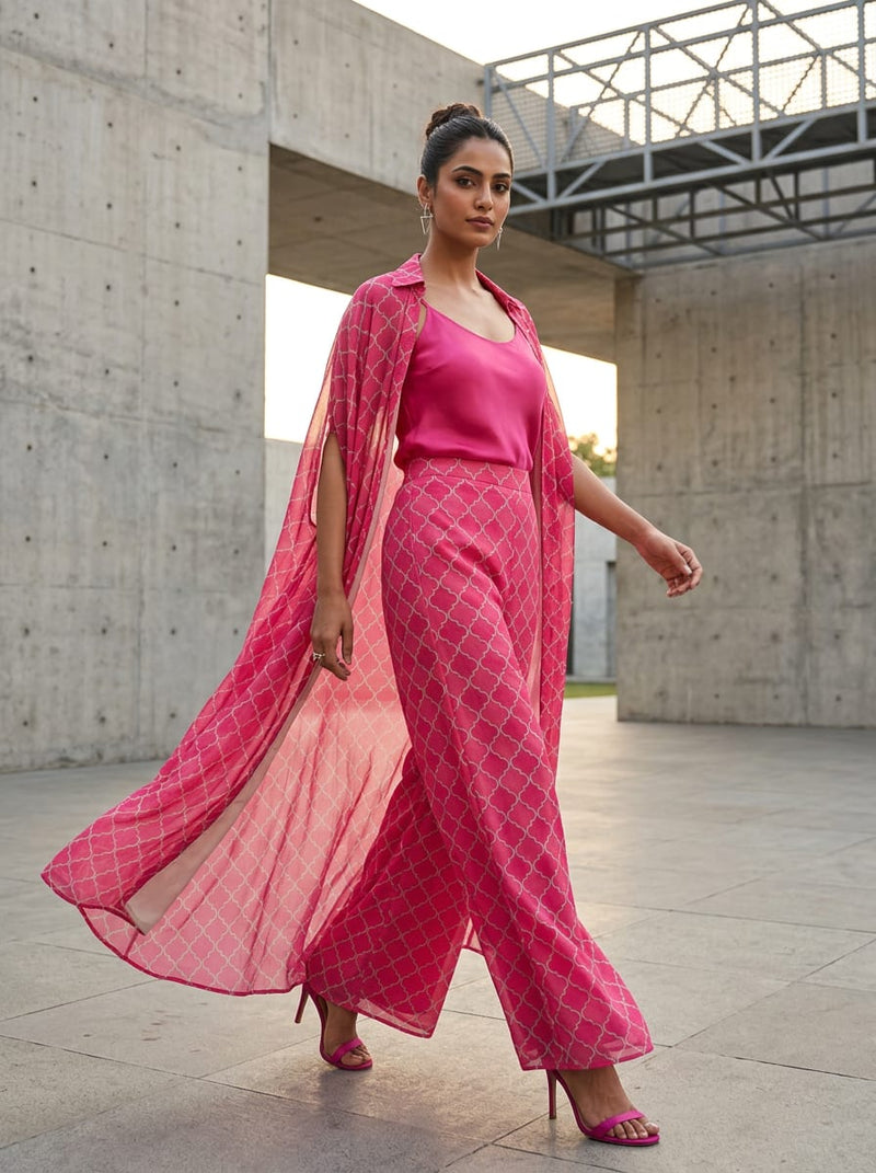 Pink Moroccan Trellis Geometric Pure Georgette Digital Printed Fabric