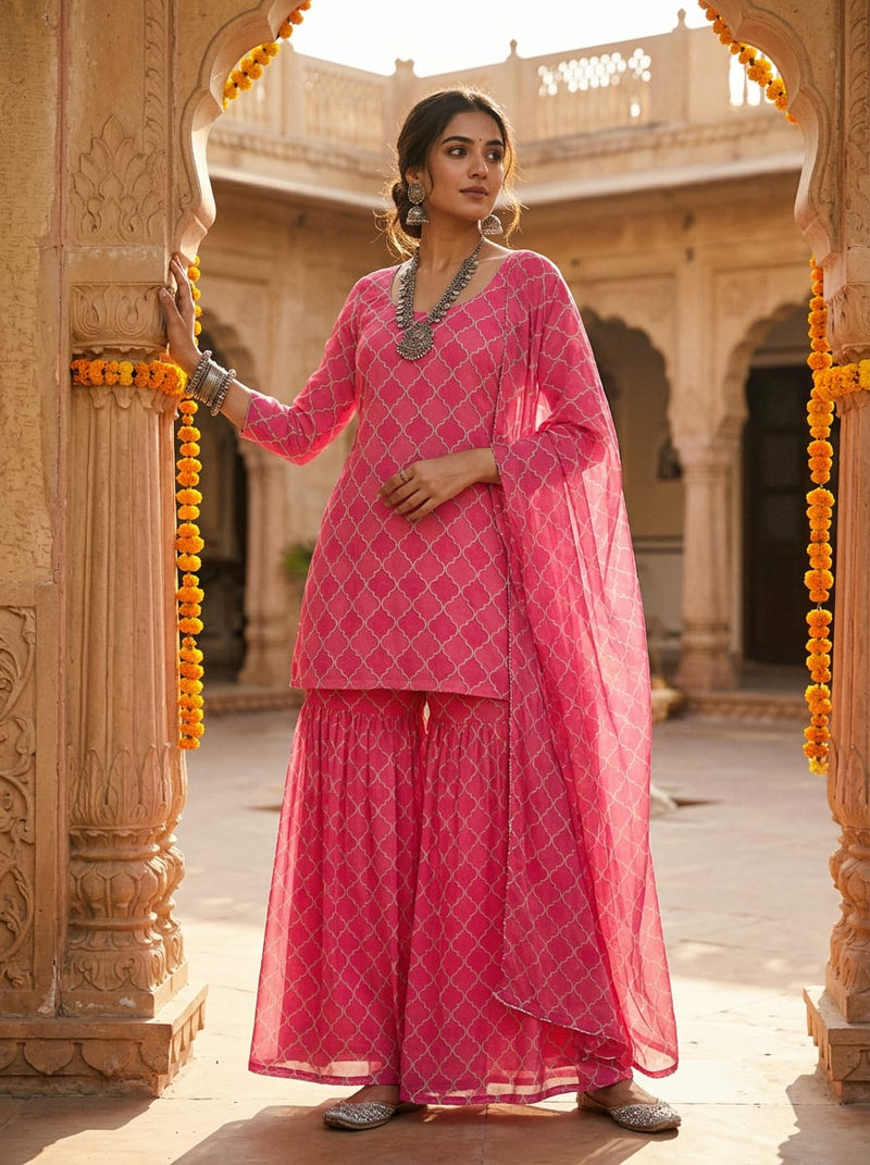 Pink Moroccan Trellis Geometric Pure Georgette Digital Printed Fabric