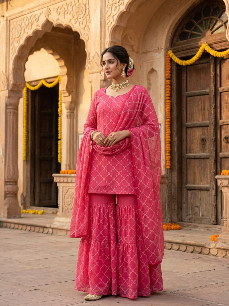Pink Tonal Geometric Lattice Pure Chiffon Digital Printed Fabric
