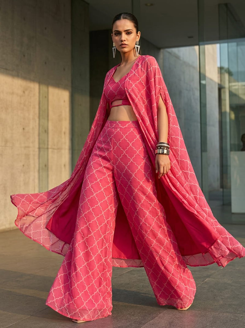 Pink Tonal Geometric Lattice Pure Chiffon Digital Printed Fabric
