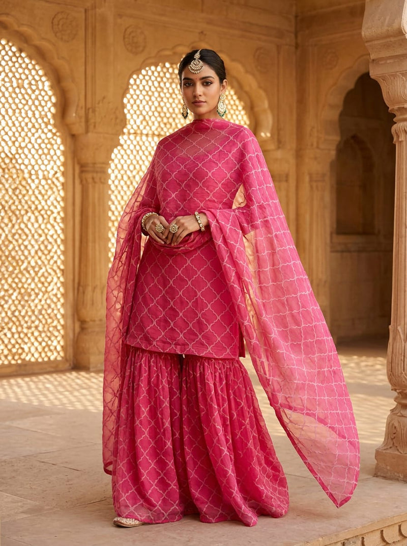 Pink Tonal Geometric Lattice Pure Chiffon Digital Printed Fabric