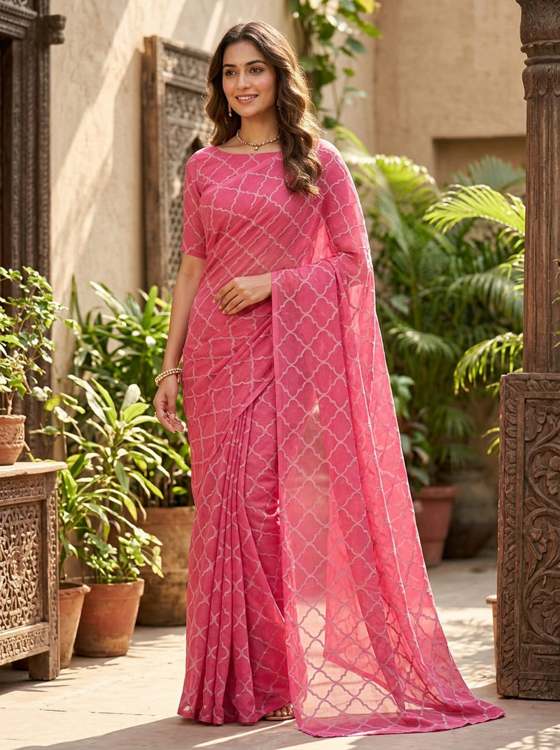 Pink Tonal Geometric Lattice Pure Chiffon Digital Printed Fabric
