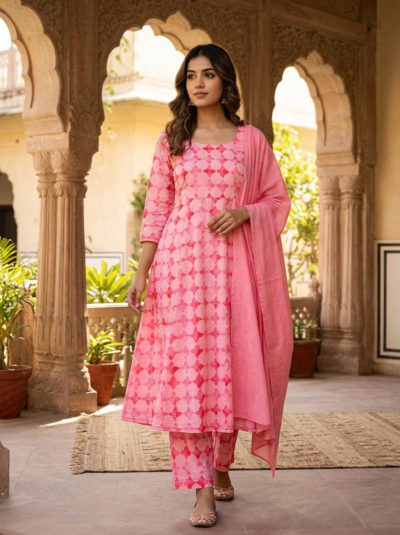 Pink Watercolor Geometric Trellis Pure Cotton Digital Printed Fabric
