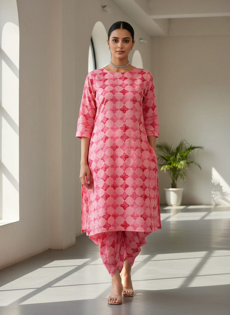 Pink Watercolor Geometric Trellis Pure Cotton Digital Printed Fabric